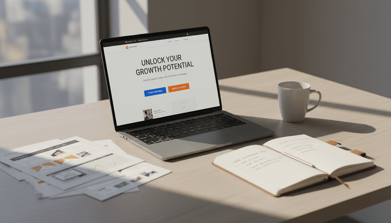 Laptop displaying a conversion-focused website design on a clean desk with natural light