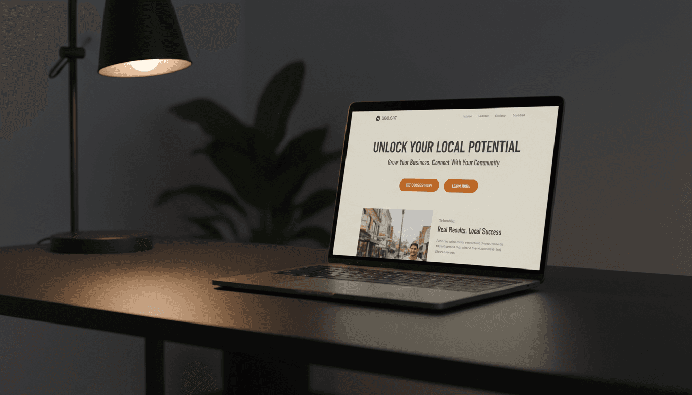 Laptop displaying a clean, conversion-focused website design with bold typography and clear call-to-action buttons