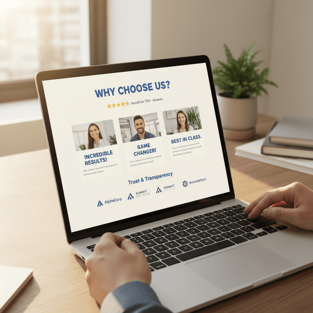 Website displaying customer testimonials and trust signals