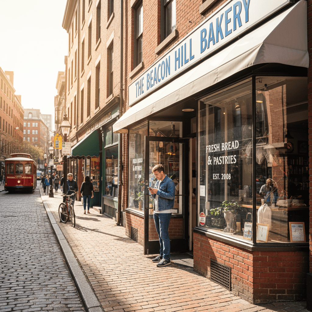 Boston local business owner checking phone