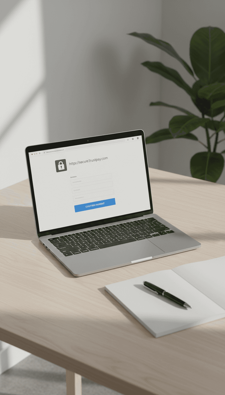 Laptop showing secure website with padlock icon on minimal workspace