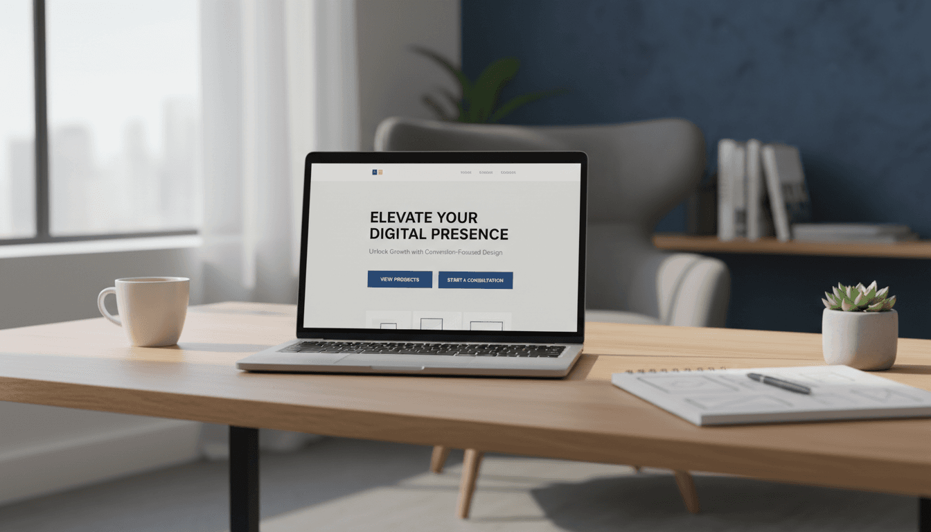 Designer reviewing a conversion-focused website on laptop